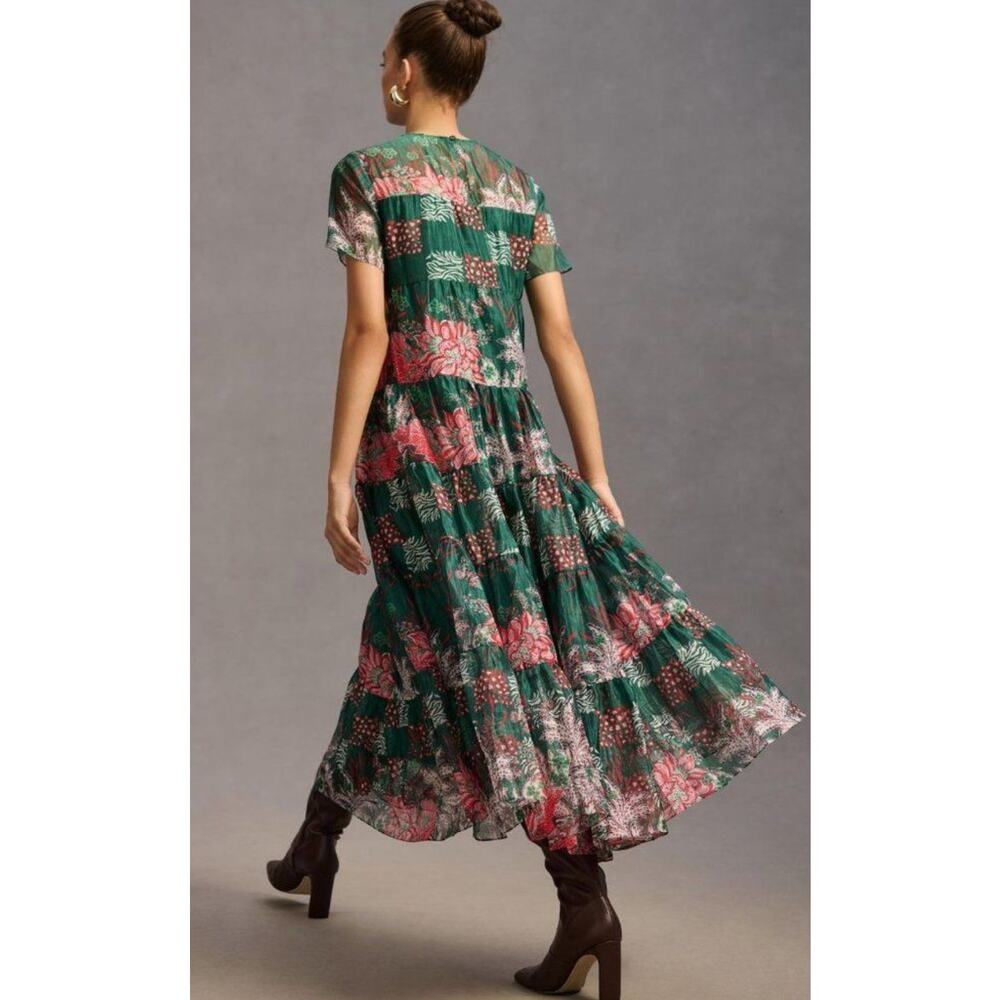 NEW Anthropologie Bhanuni Jyoti Tiered Short-Sleeve Dress Size XXS Green Maxi - Picture 3 of 10